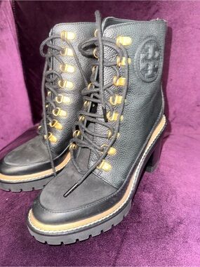Tory Burch Black Leather Lug-Heel Lace-Up Booties